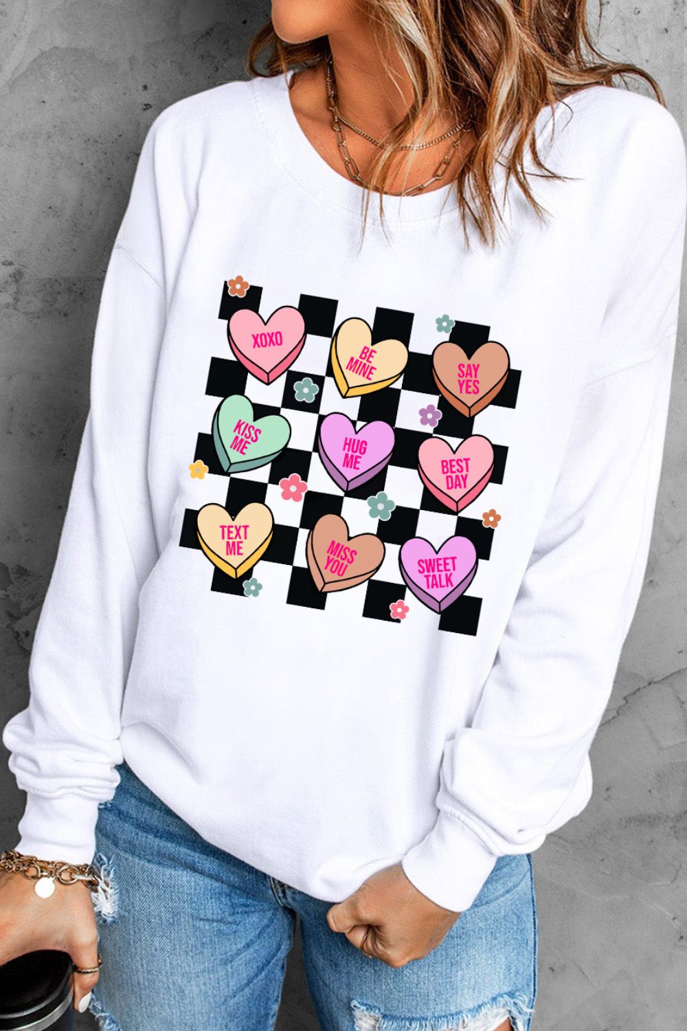 Valentine's Day Checkered Heart Long Sleeve Sweatshirt