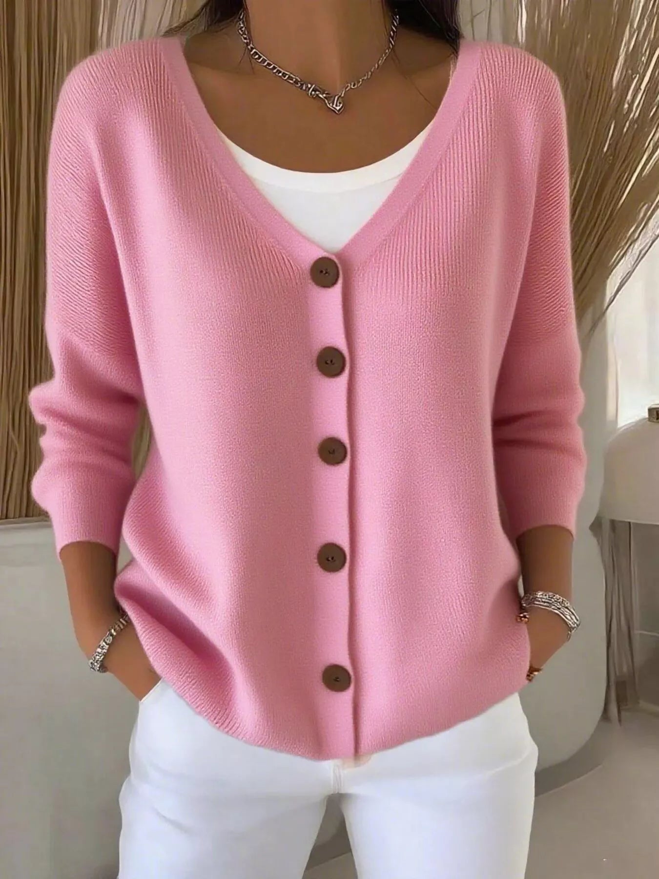 Full Size V-Neck Button-Down Knit Cardigan Plus Size Pink OutfitFlow