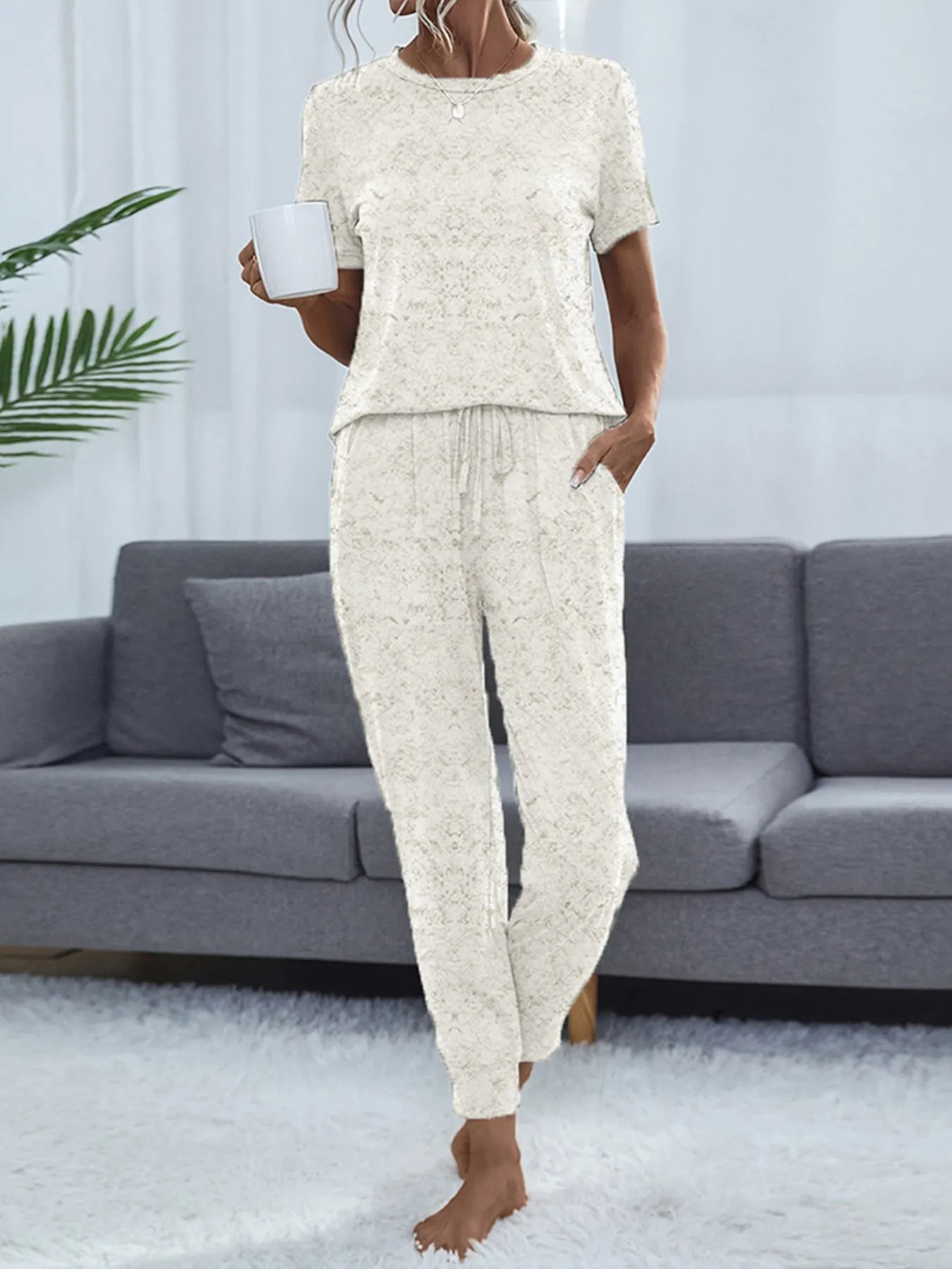Round Neck Short Sleeve Top and Pants Lounge Set White OutfitFlow
