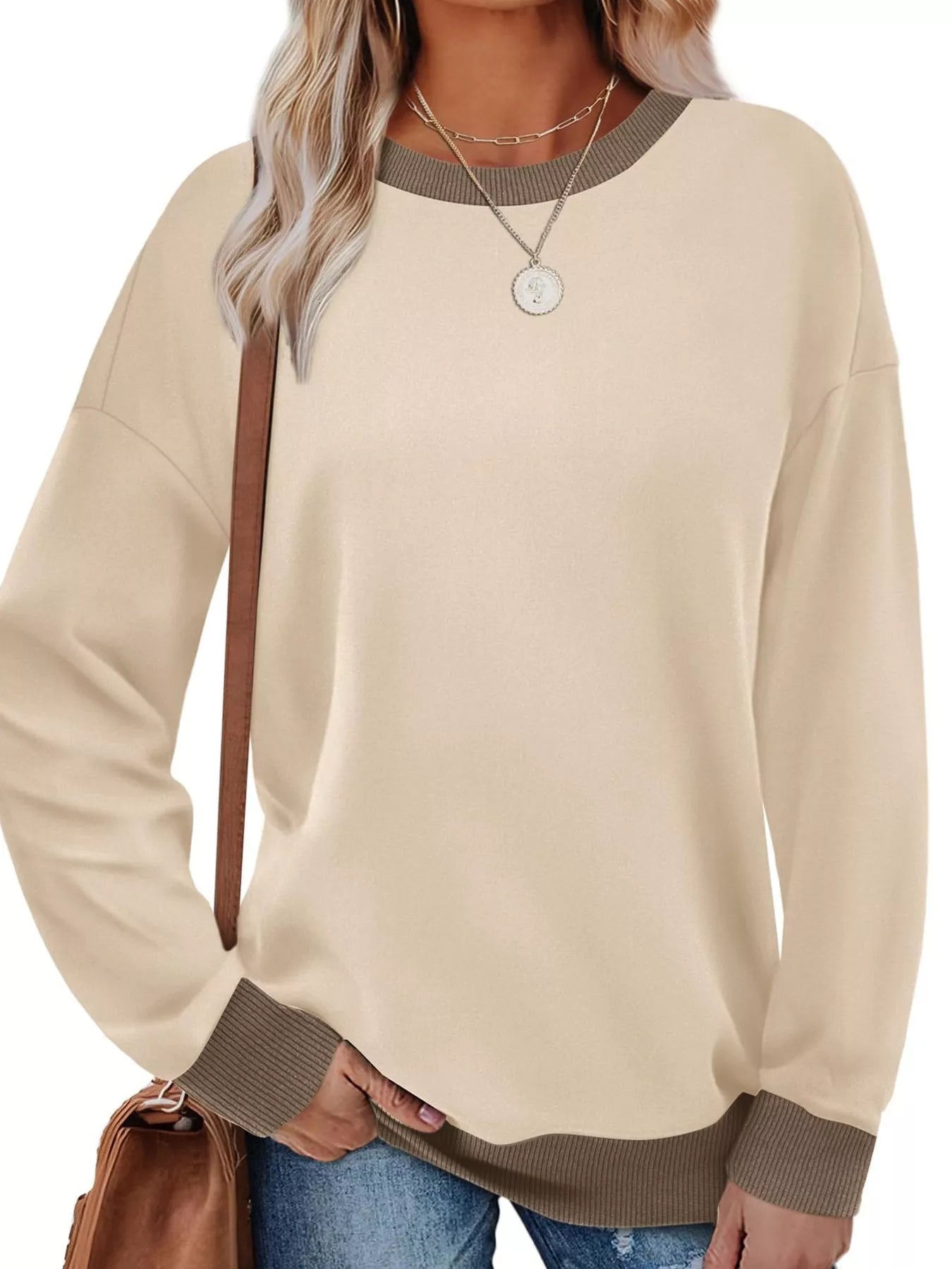 Contrast Trim Crew Neck Casual Sweatshirt Apricot OutfitFlow