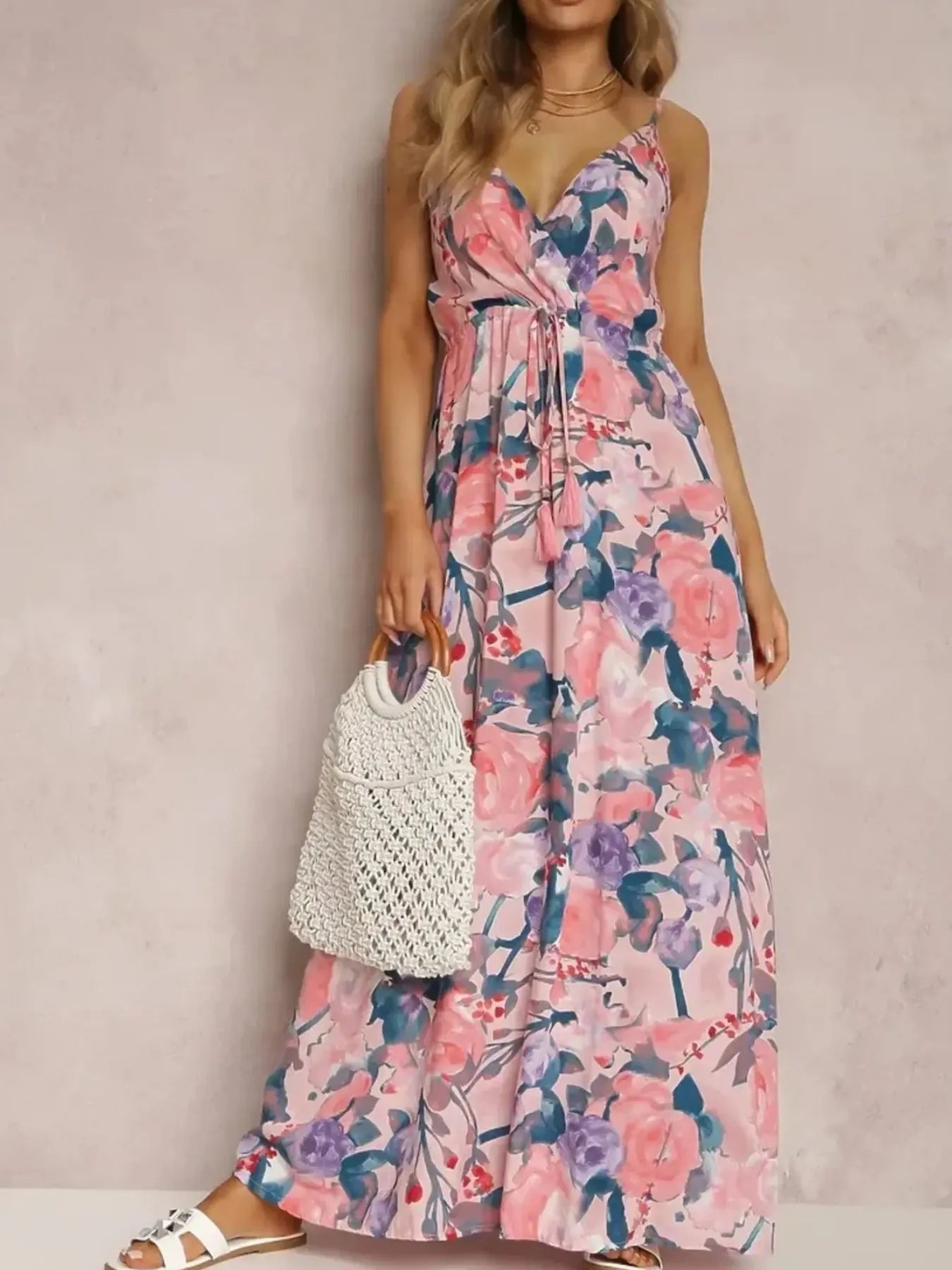 Floral Print Surplice Spaghetti Strap Maxi Dress OutfitFlow