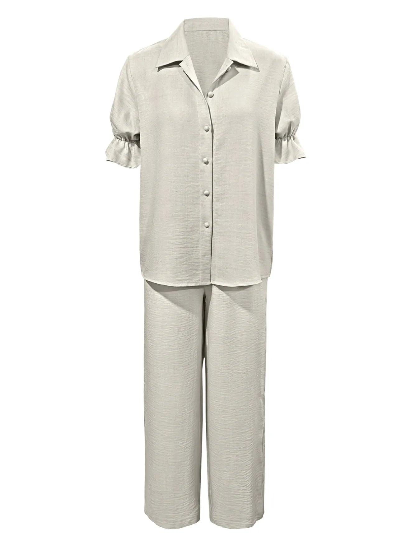 Plus Size Button-Down Shirt and Wide-Leg Pants Set OutfitFlow