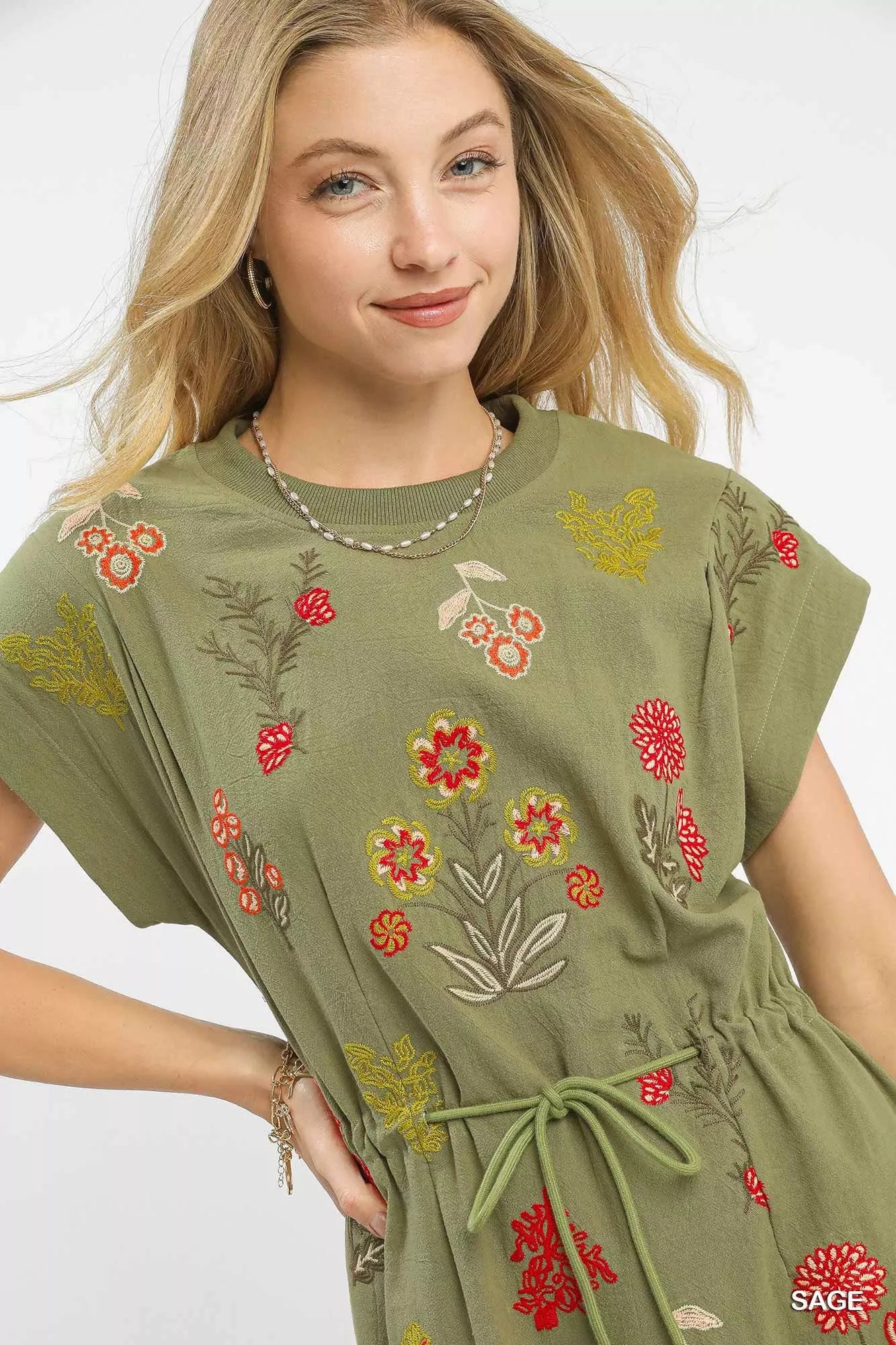 Umgee Embroidered Floral Mini Dress with Waist Tie OutfitFlow