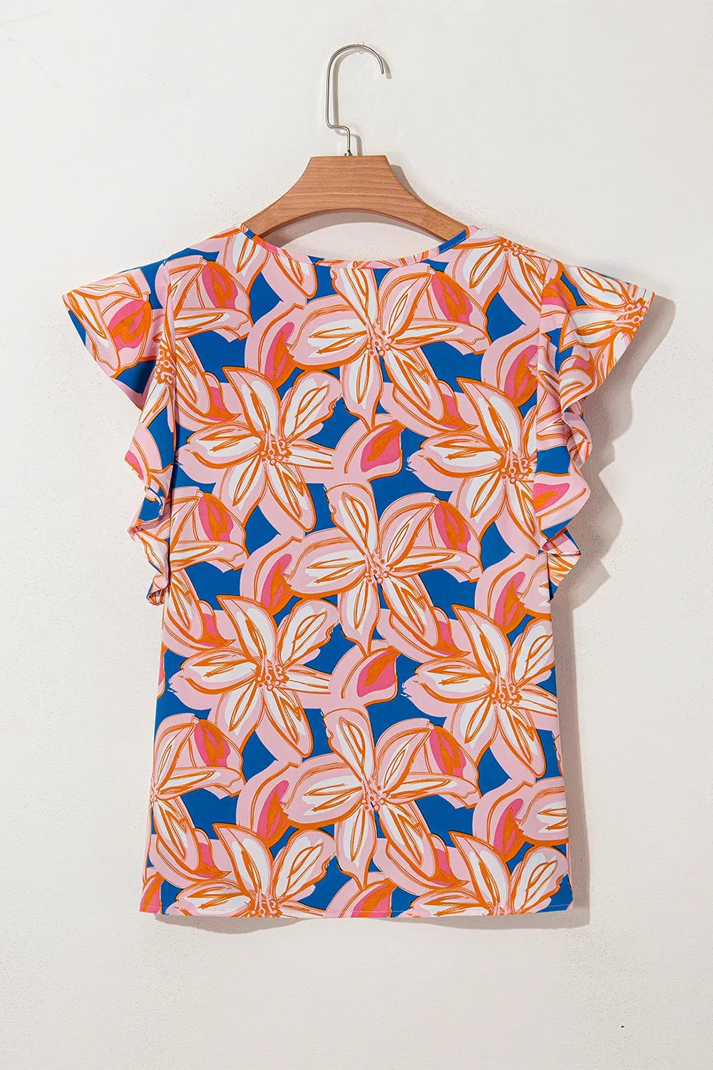 Flower Print Notched Neck Ruffle Sleeve Blouse OutfitFlow