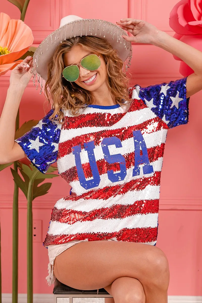 BiBi American Flag Theme USA Lettering Sequin Top OutfitFlow