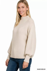 Zenana Balloon Sleeve Mock Neck Sweater OutfitFlow