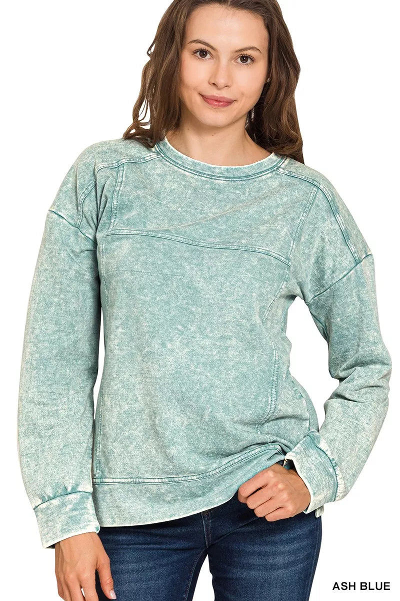 Zenana Acid Wash French Terry Exposed-Seam Pullover ASH BLUE OutfitFlow