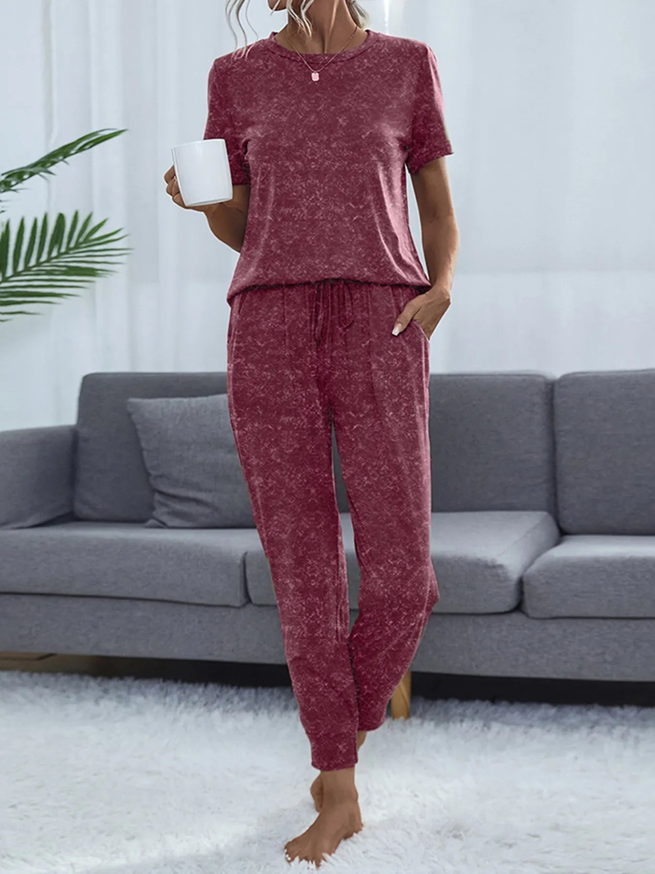 Round Neck Short Sleeve Top and Pants Lounge Set Burgundy OutfitFlow
