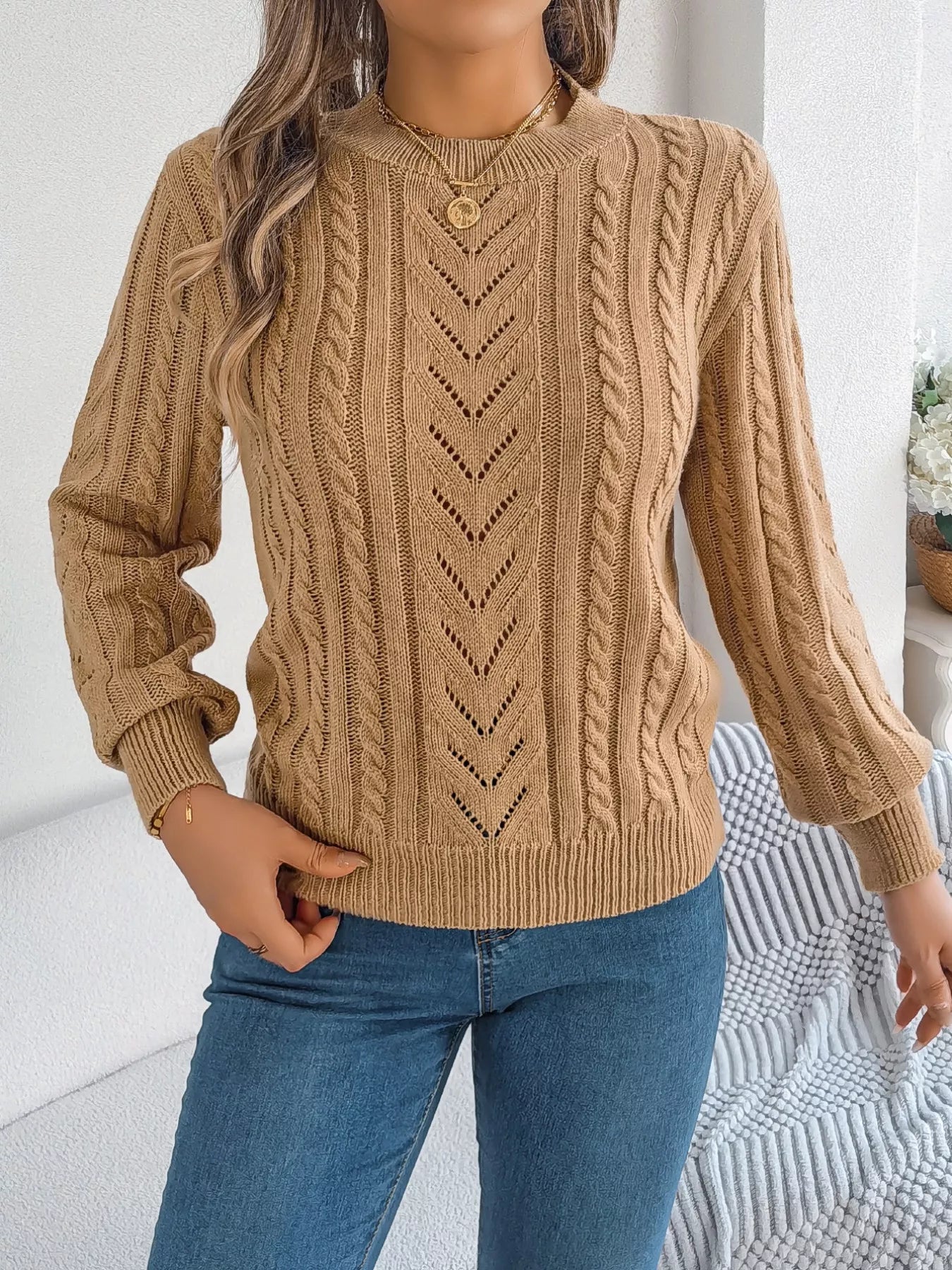 Cable-Knit Round Neck Sweater OutfitFlow