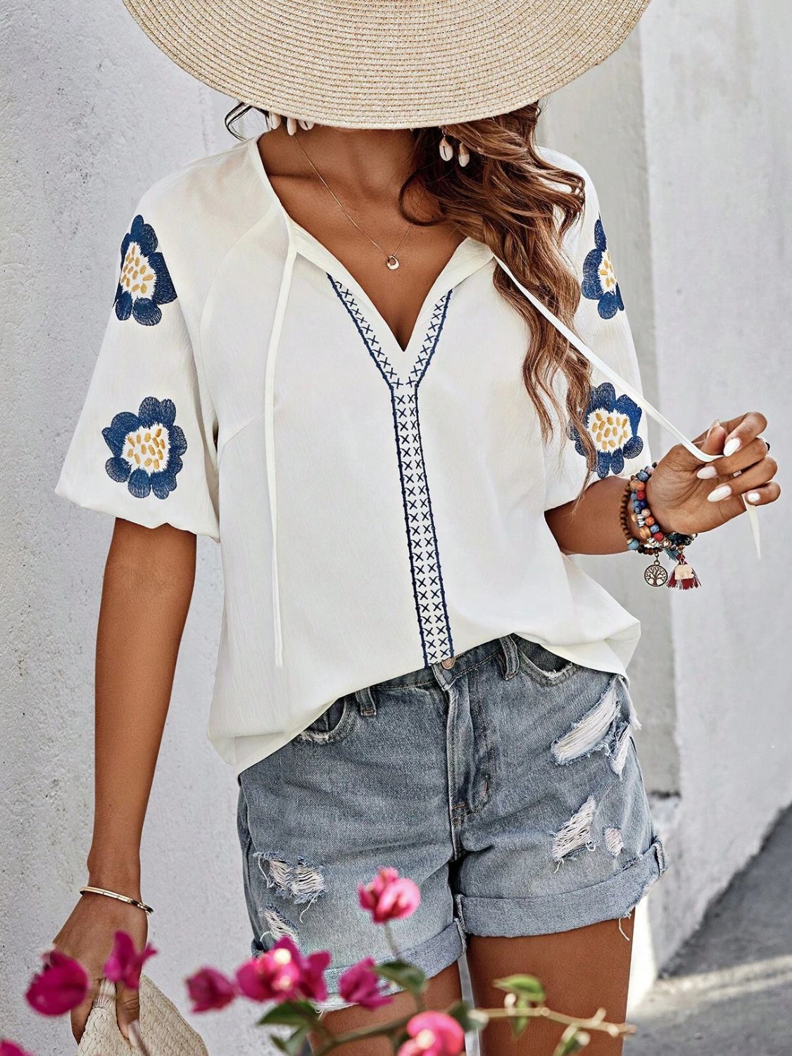 Embroidered Tie Neck Puff Sleeve Blouse OutfitFlow