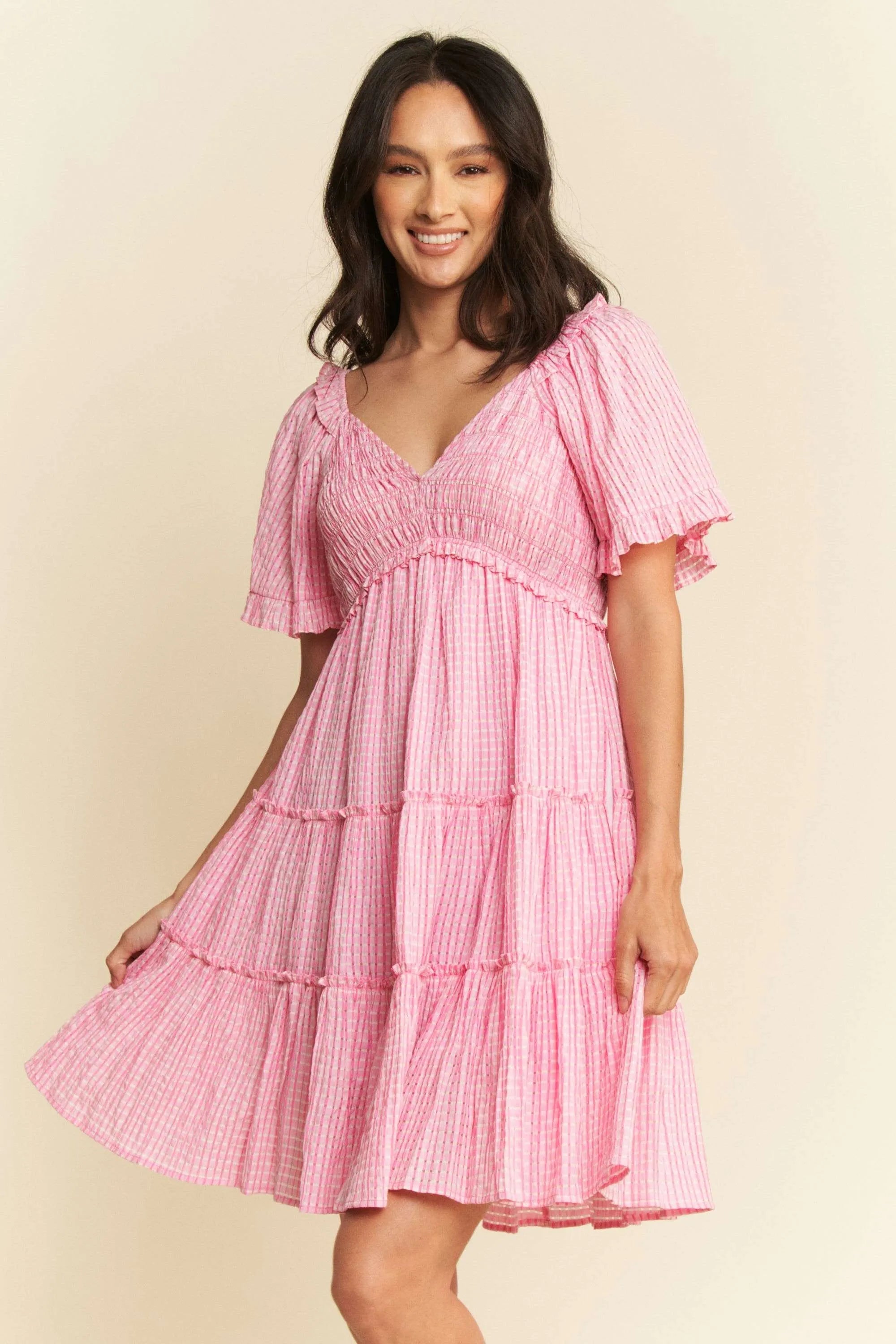 Davi & Dani Jacquard Checker Smocking Tiered Dress OutfitFlow