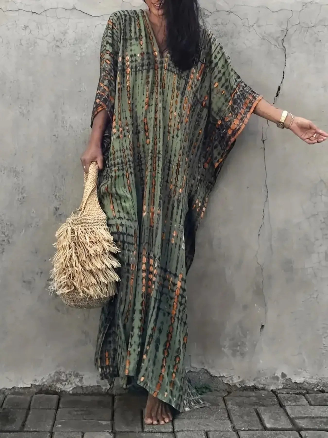 Tie-Dye V-Neck Maxi Dress with Flowy Sleeves Green One Size OutfitFlow