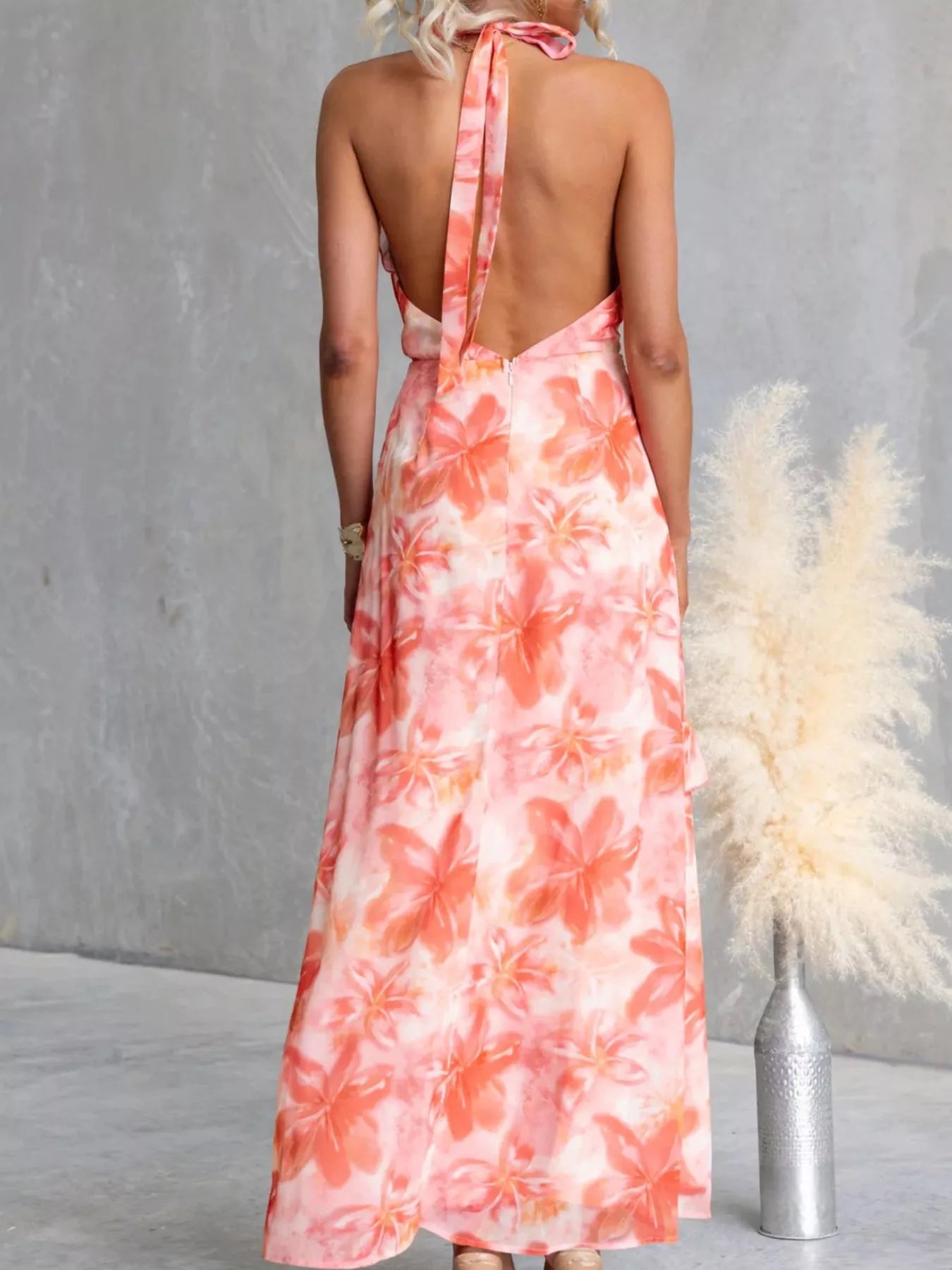 Floral Print Ruffle Halter Neck Maxi Dress OutfitFlow