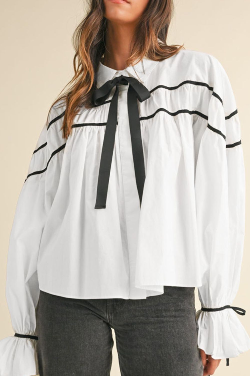 Outfit Flow - Ribbon Bowtie Collared Neck Flounce Sleeve Shirt