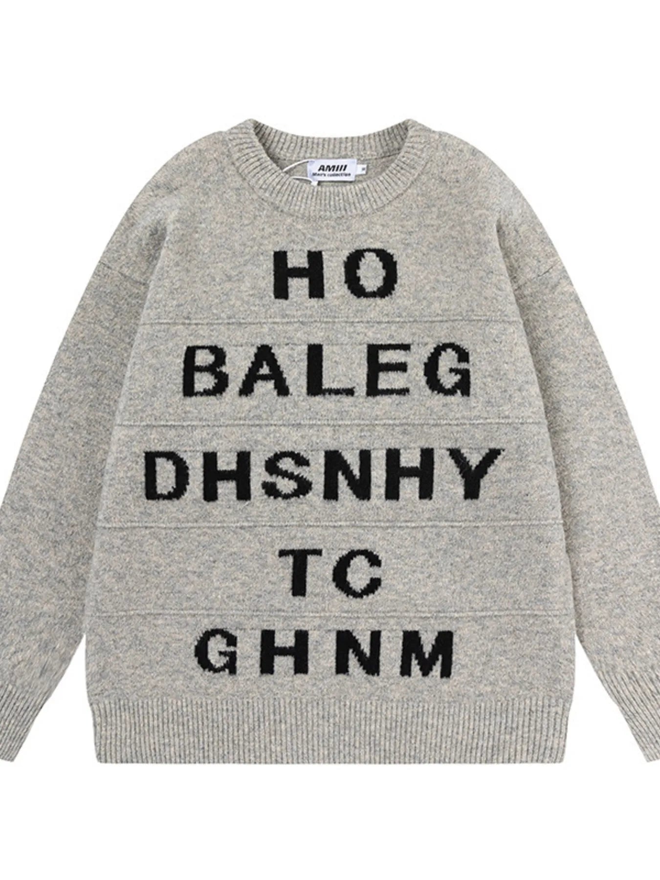Men's Letter Ribbed Hem Round Neck Sweater Light Gray OutfitFlow