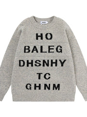 Men's Letter Ribbed Hem Round Neck Sweater Light Gray OutfitFlow