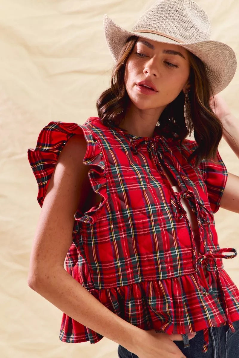 SO ME Christmas Holiday Plaid Ruffled Quilt Vest Top Trendsi