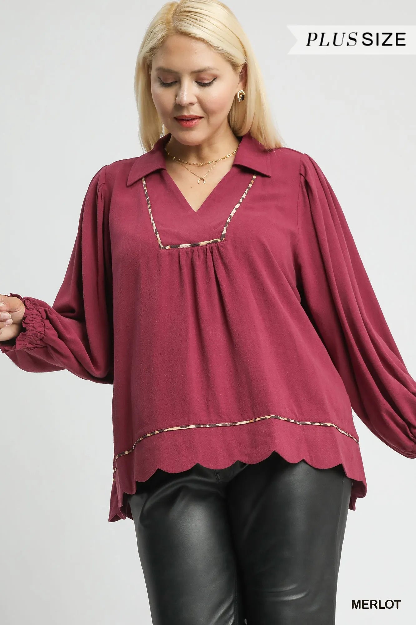 Umgee Full Size Linen Scallop Hem Blouse with Contrast Trim Plus Size Trendsi
