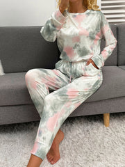 Outfit Flow - Shiny Tie-Dye Round Neck Top and Drawstring Pants Lounge Set