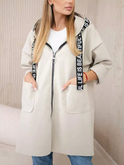 Full Size Hooded Zip-Up Longline Outerwear Plus Size Gray white Trendsi