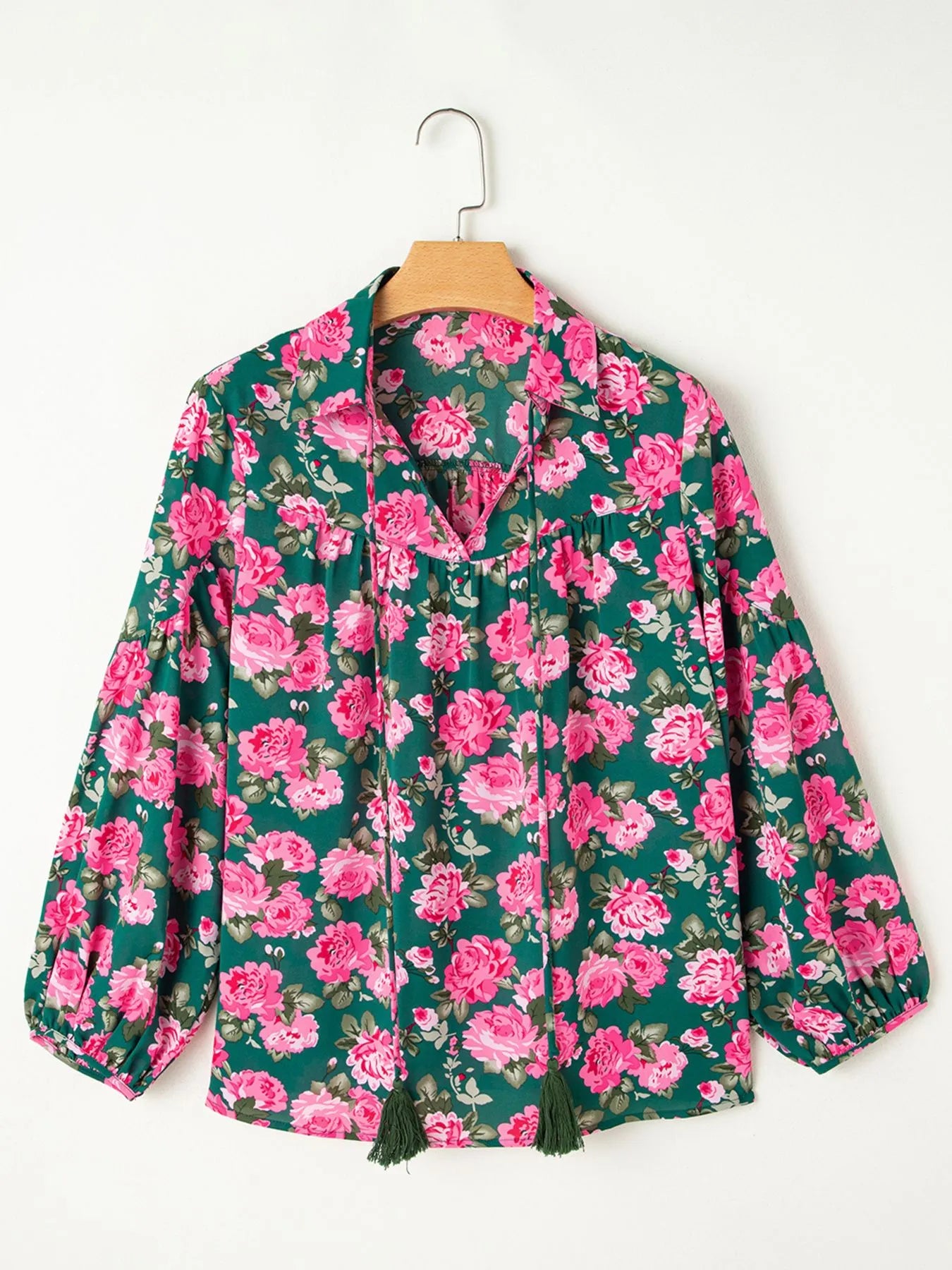 Floral Printed Tied Collar Puff Sleeve Blouse OutfitFlow