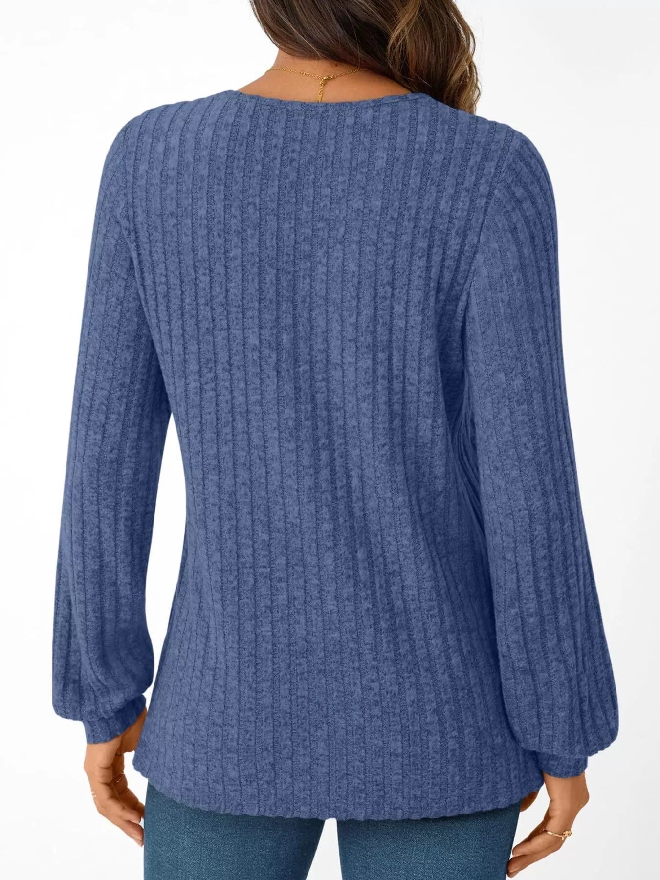 Ribbed Knit V-Neck Long Sleeve T-Shirt OutfitFlow
