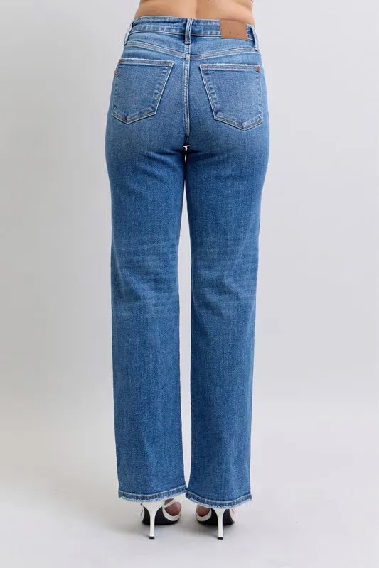Judy Blue Full Size High Waist V-Front Vintage Wash Straight Jeans Plus Size OutfitFlow