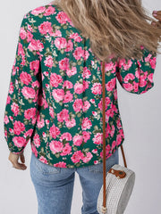 Floral Printed Tied Collar Puff Sleeve Blouse OutfitFlow