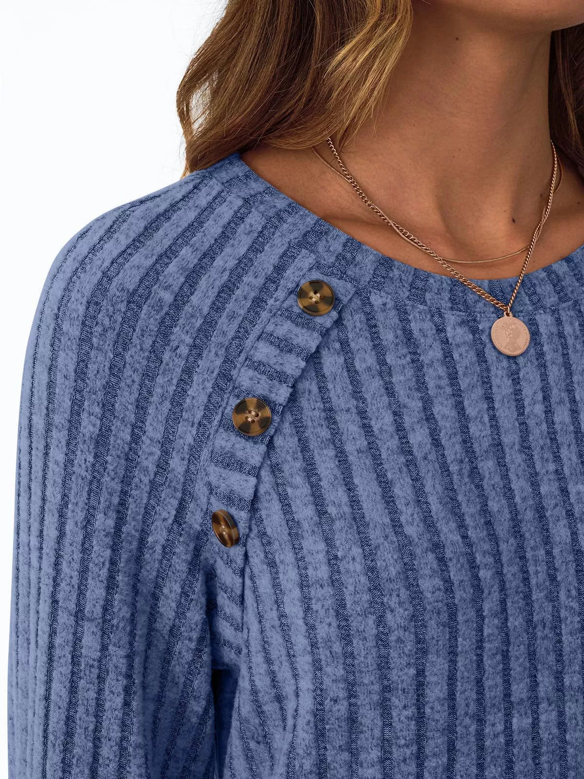 Ribbed Knit Decor Button Long Sleeve T-Shirt OutfitFlow