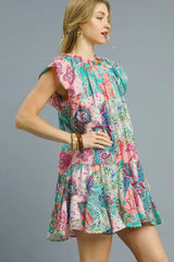 Umgee Printed Ruffle Cap Sleeve Mini Dress OutfitFlow