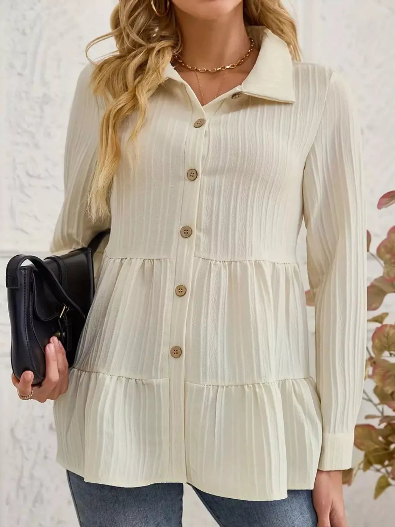 Button-Down Long Sleeve Tiered Shirt OutfitFlow