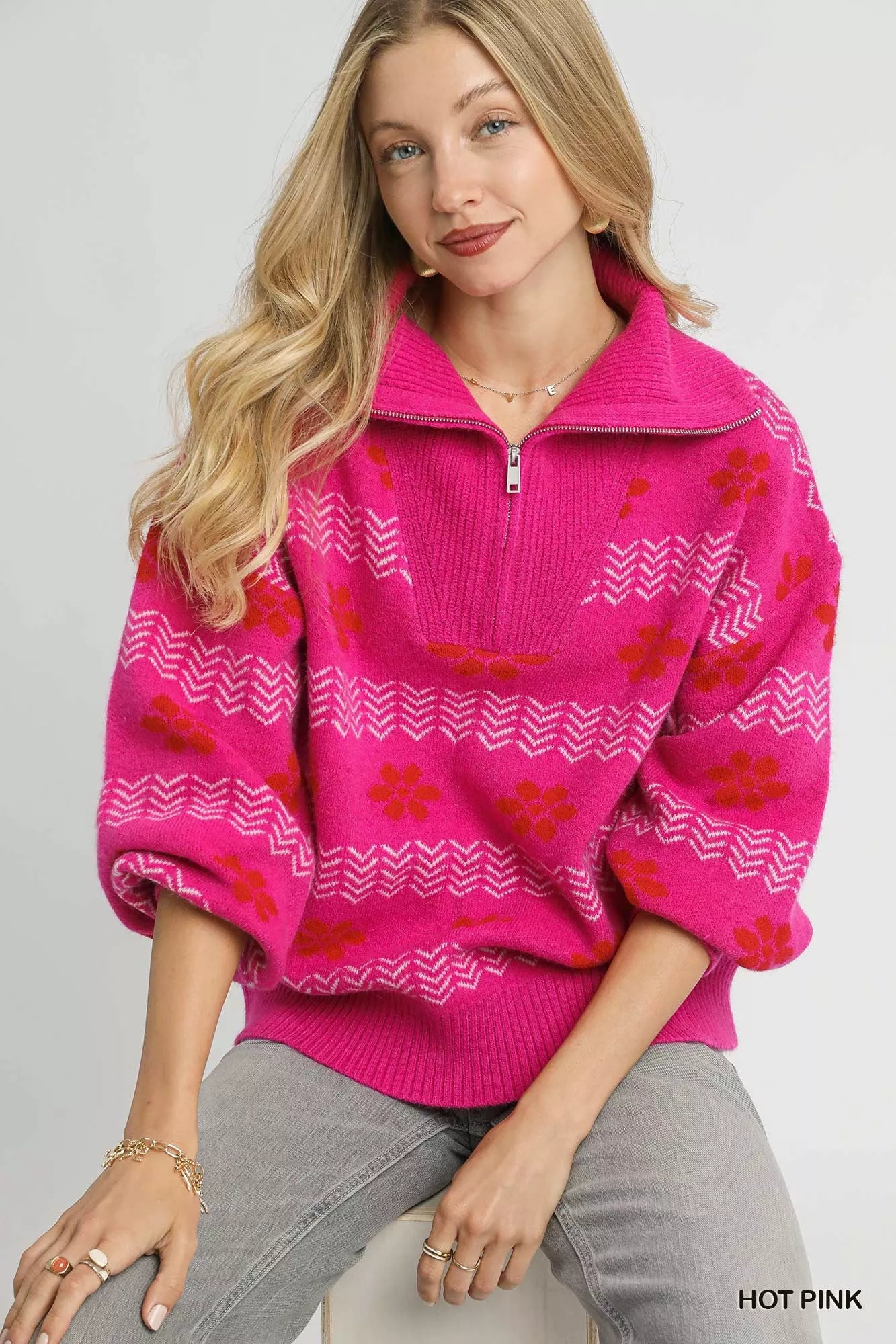 Umgee Floral Patterned Jacquard Quarter-Zip Pullover Sweater OutfitFlow