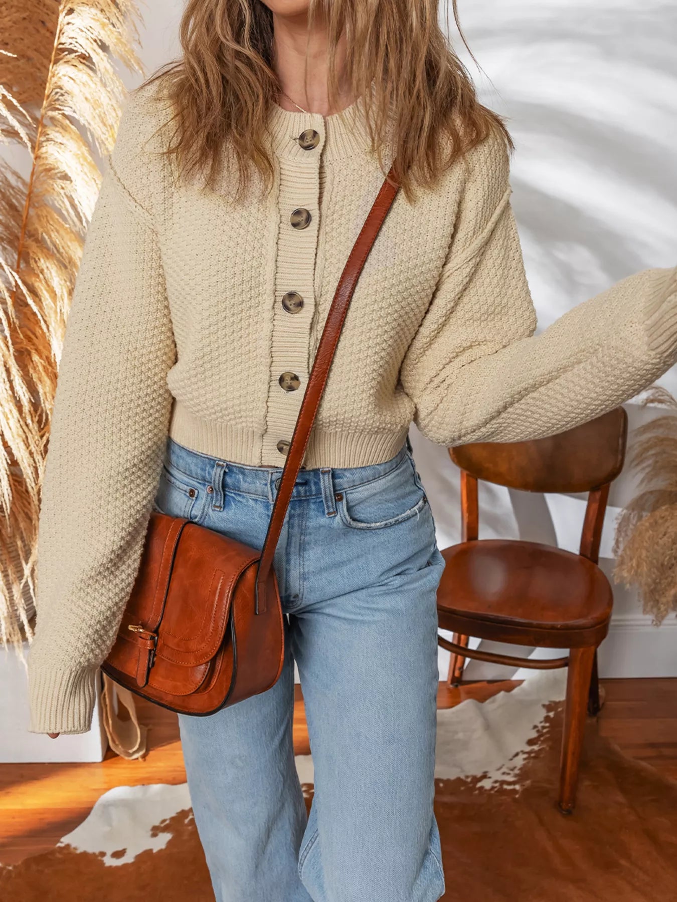 Button Front Cropped Cardigan OutfitFlow