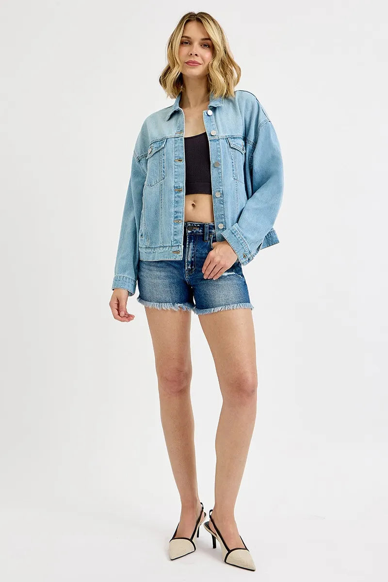 RISEN Washed Dropped Shoulder Denim Jacket OutfitFlow