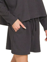 Zenana Corded Rib Long Sleeve Tee and Shorts Set Trendsi