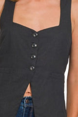 Zenana Linen Tie-back 4-button Vest with Lining OutfitFlow