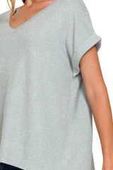 Zenana Soft Melange Hacci V-neck Tee OutfitFlow