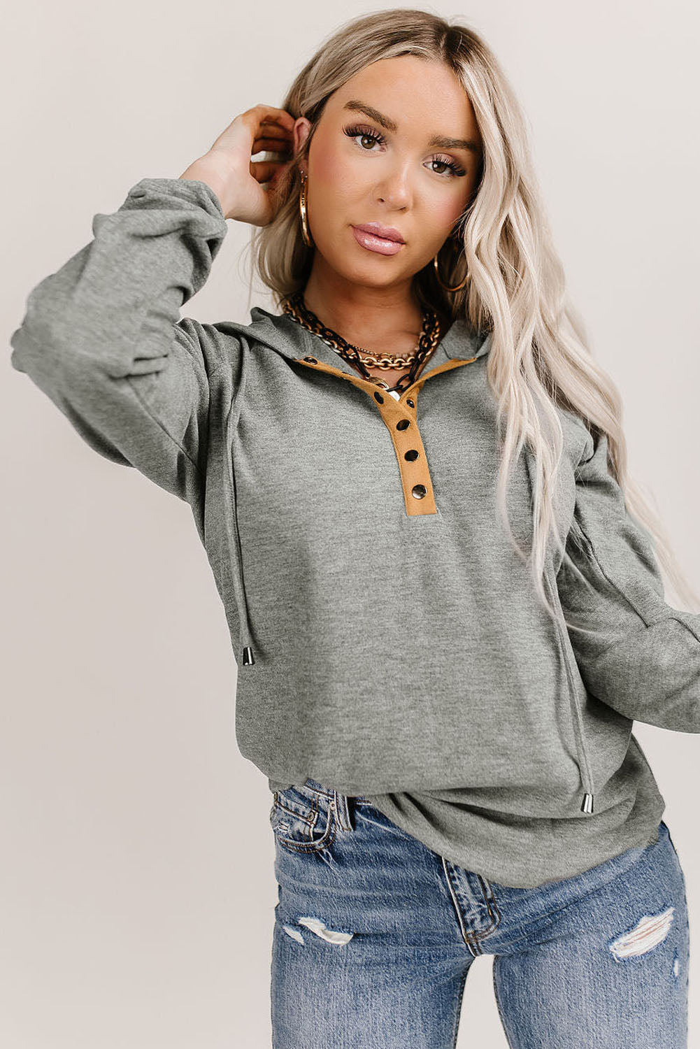 Outfit Flow - Drawstring Quarter Snap Long Sleeve Hoodie