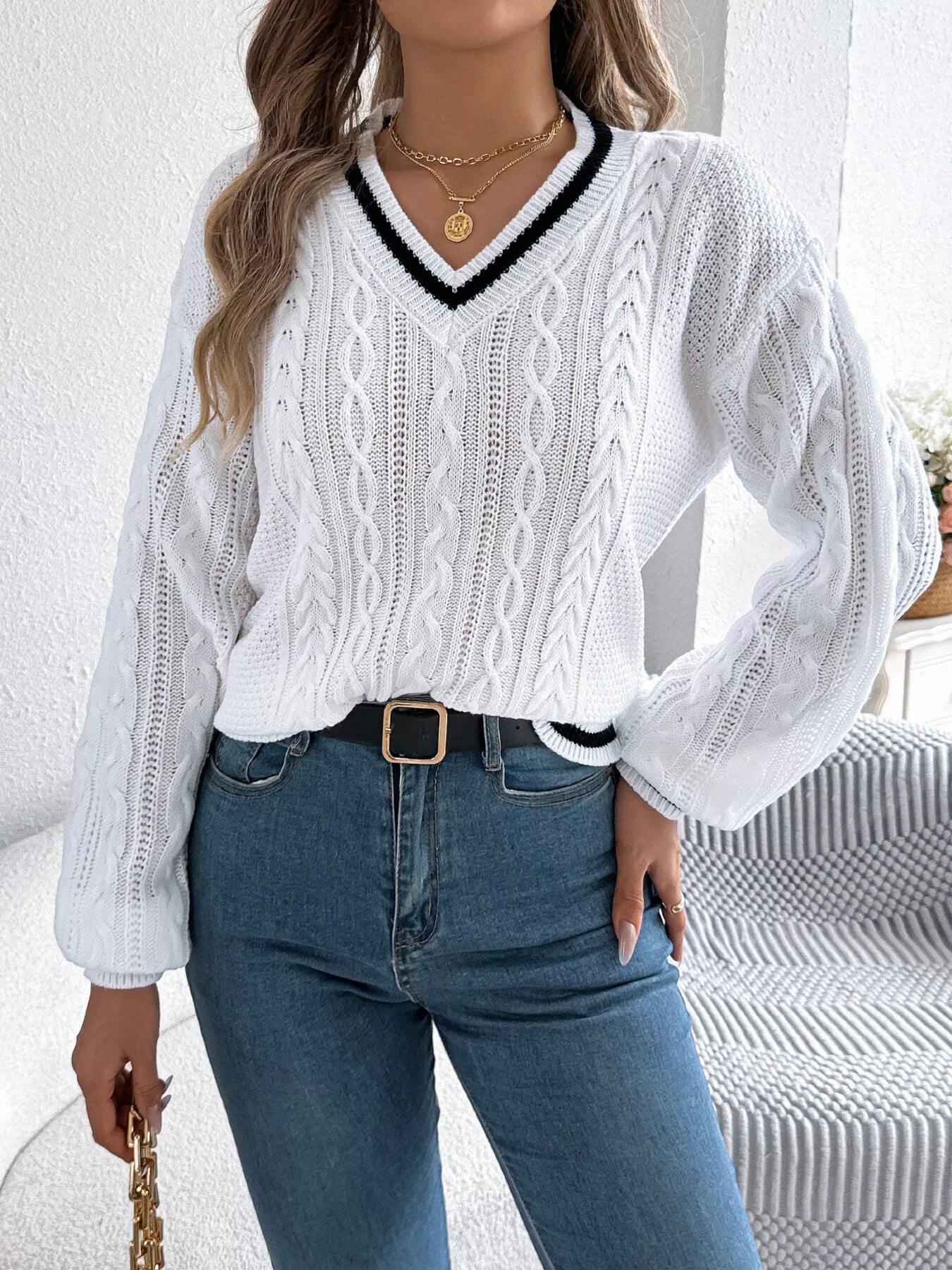 Cable Knit V-Neck Long Sleeve Sweater White OutfitFlow