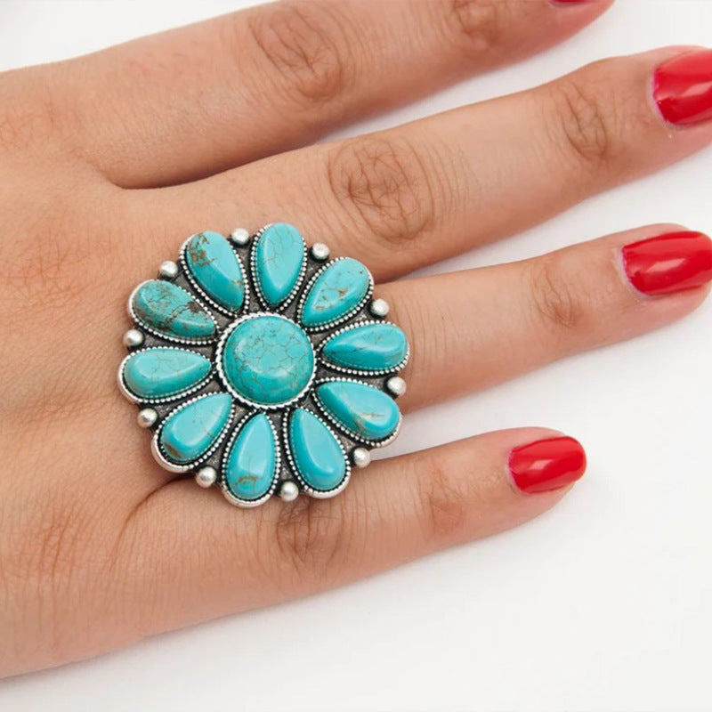 Outfit Flow - Artificial Turquoise Alloy Flower Ring