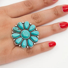 Outfit Flow - Artificial Turquoise Alloy Flower Ring