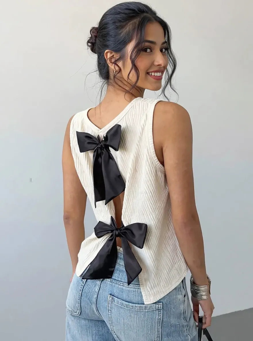 Bow Back Ribbed Tank Top Beige OutfitFlow