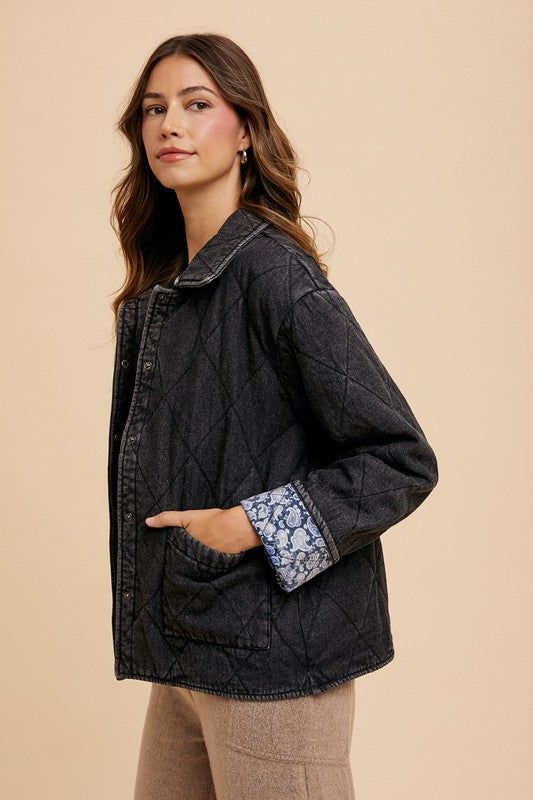 Annie Wear Quilted Printed Lining Snap Down Denim Jacket