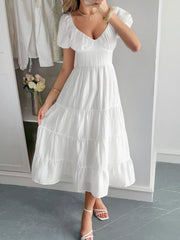 V-Neck Short Sleeve Midi Dress OutfitFlow