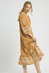 Umgee Ruffled Hem Printed Johnny Collar Midi Dress OutfitFlow