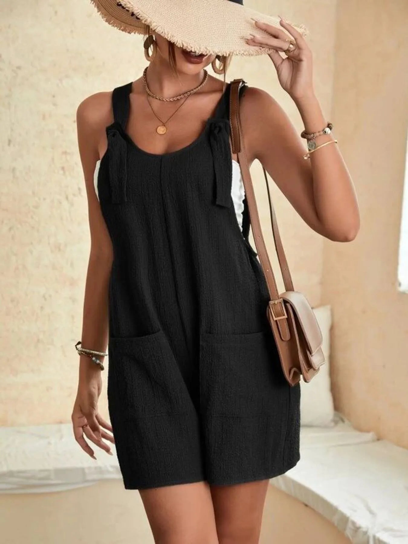 Full Size Knot Strap Romper with Pockets Plus Size OutfitFlow