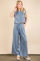 VERY J Solid Woven Top & Pants Set OutfitFlow