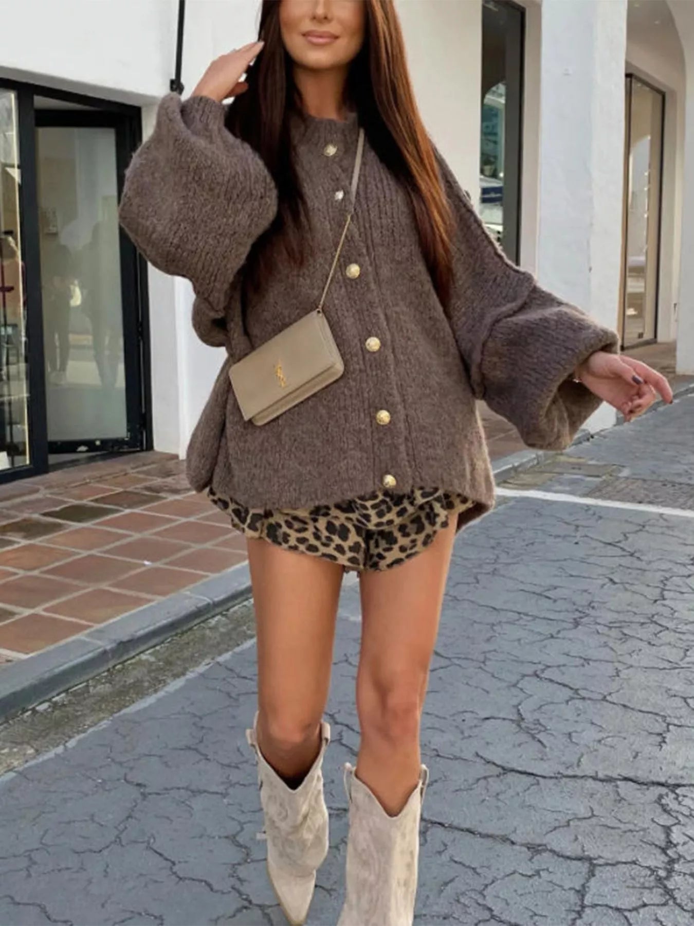 Oversized Knit Button-Down Batwing Sleeve Cardigan OutfitFlow