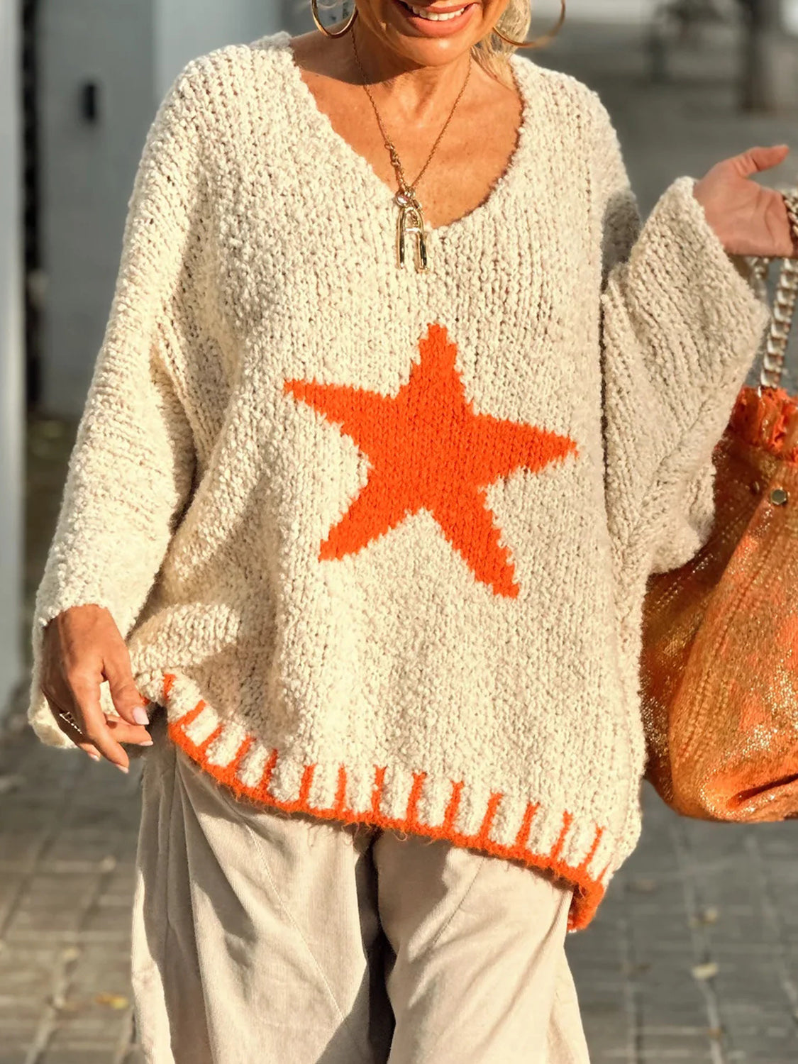 Outfit Flow - Star V-Neck Long Sleeve Oversize Sweater