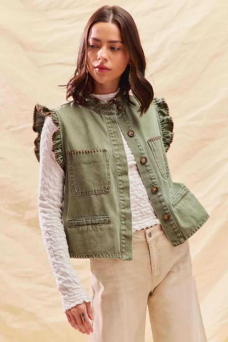 SO ME Washed Denim Stitch Ruffled Hidden Button Vest Top OutfitFlow